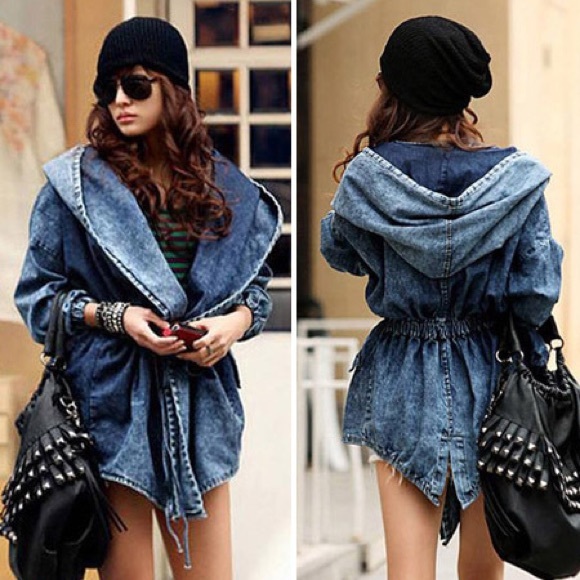 Jackets & Blazers - Long Denim Jean hooded Jacket Color Black Size S/M